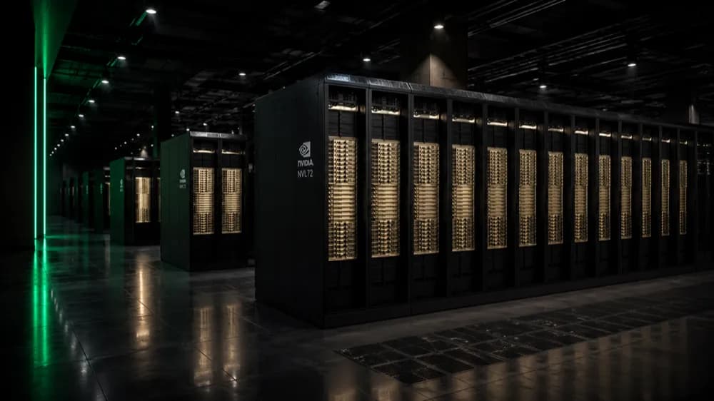 A row of NVIDIA NVL72 racks in a dark server hall, their tray columns lit gold