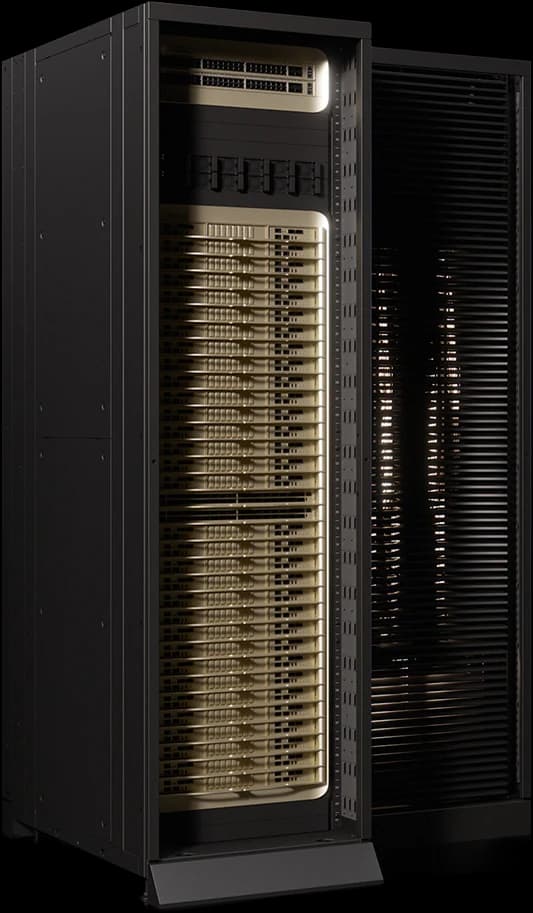 An NVIDIA Vera Rubin NVL72 rack, front door open on the tray column