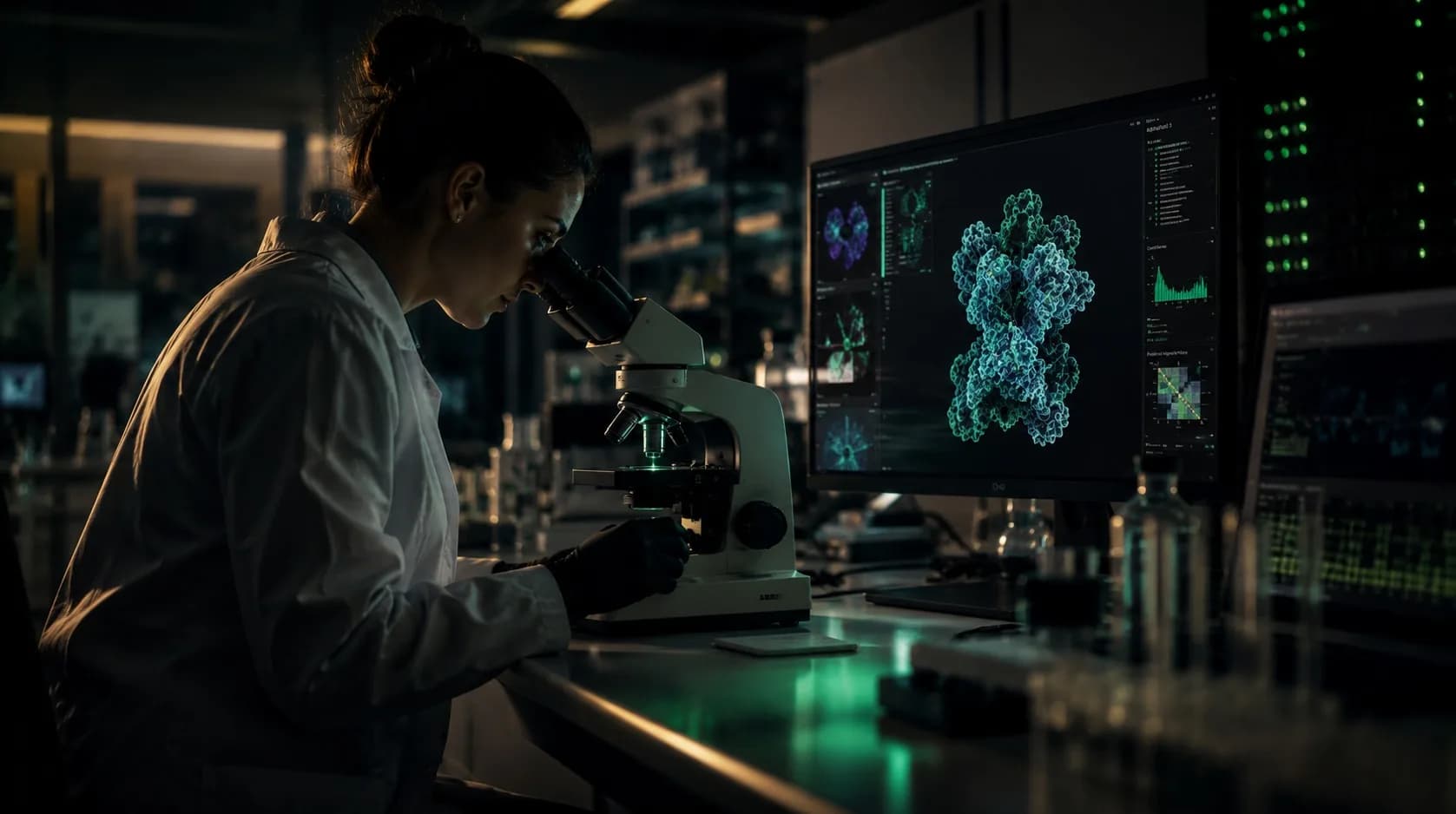 A researcher at a microscope beside a screen modelling a protein structure