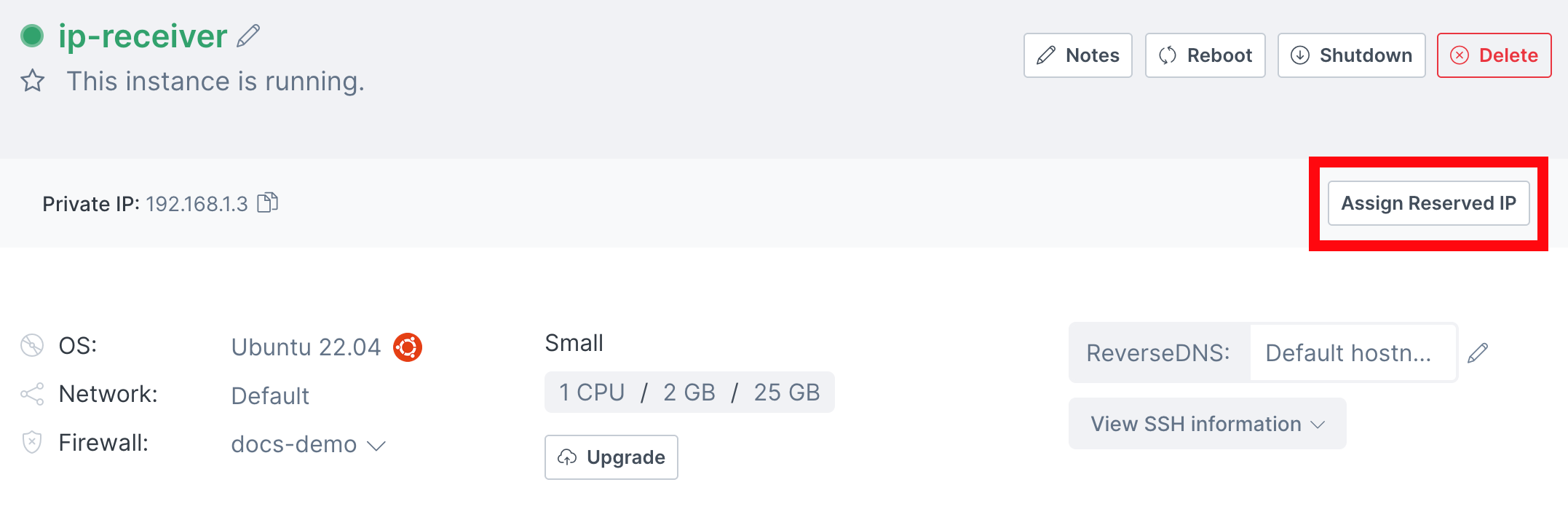 Assign reserved IP button on a running instance
