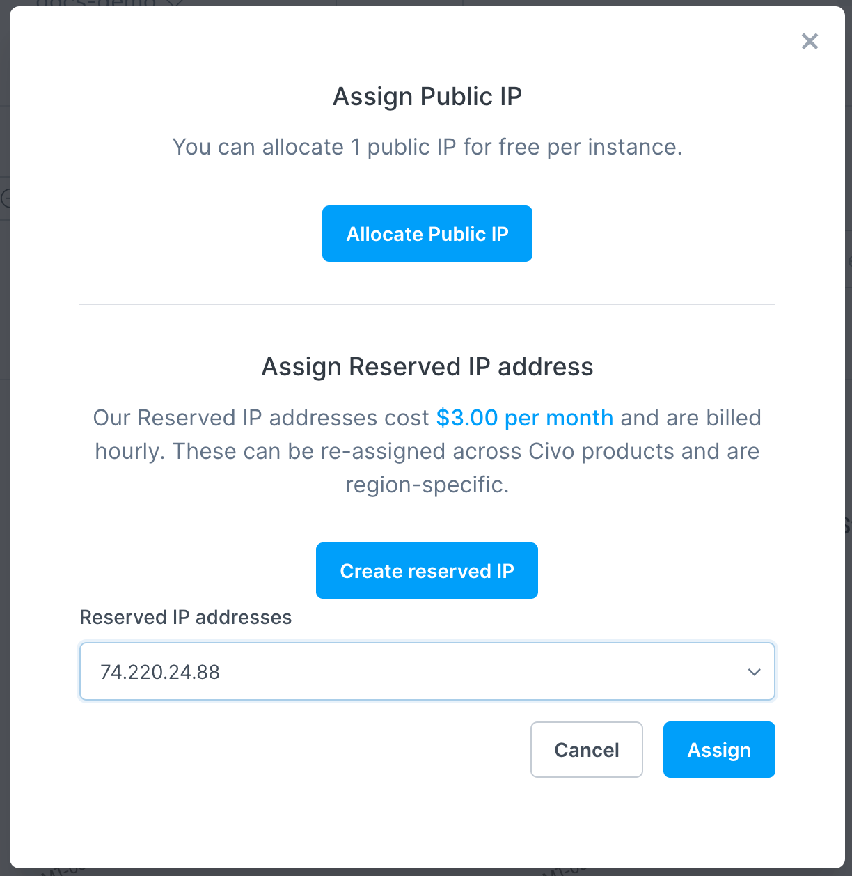 Assign reserved IP address/claim new IP address popup