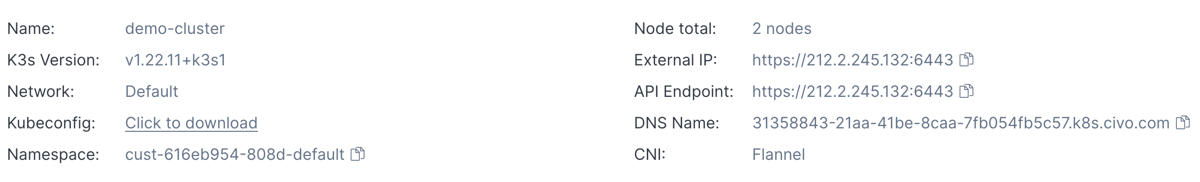 Cluster information showing Kubeconfig download
