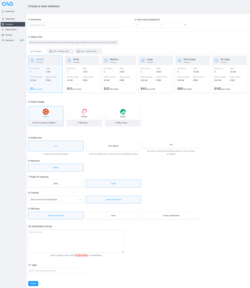 Instance creation page overview