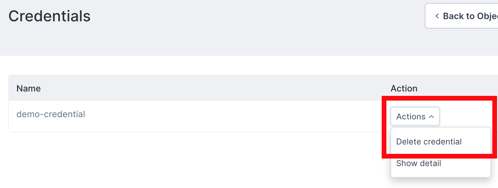 Credentials deletion dropdown