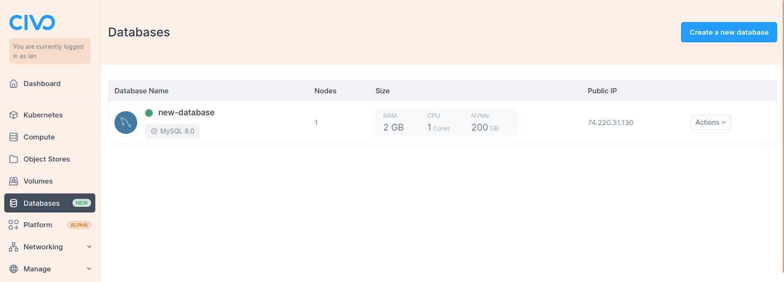 Navigate to the Civo Database section