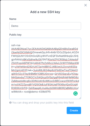 Entering a new SSH key on Civo, called "Demo"
