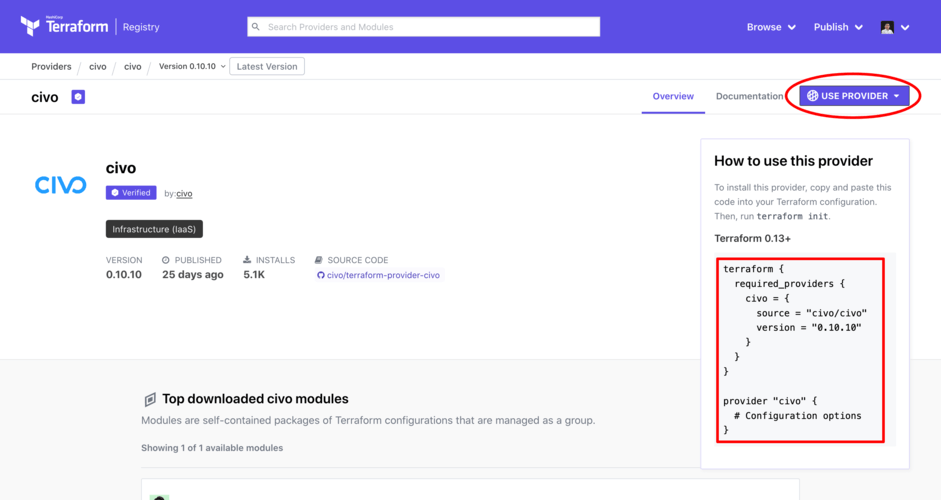 Terraform provider page with highlighted sections to use the Civo provider