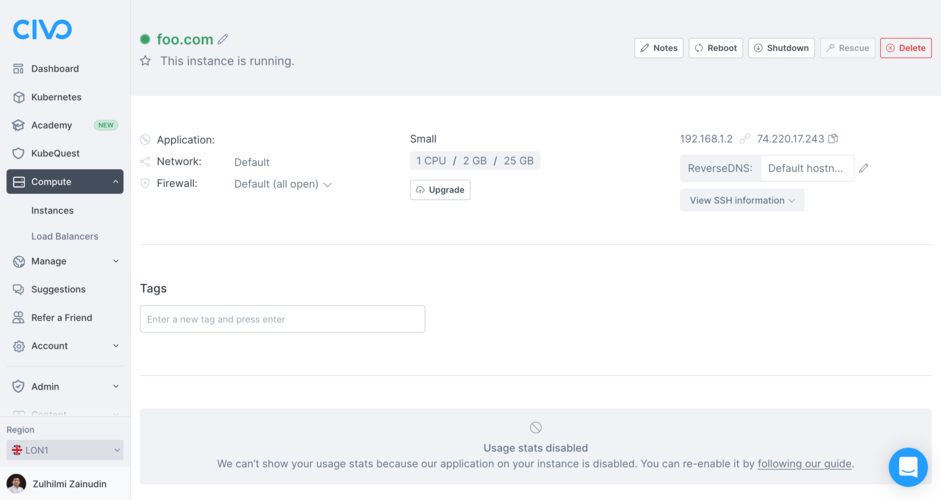 Instance created from Terraform appears on the dashboard