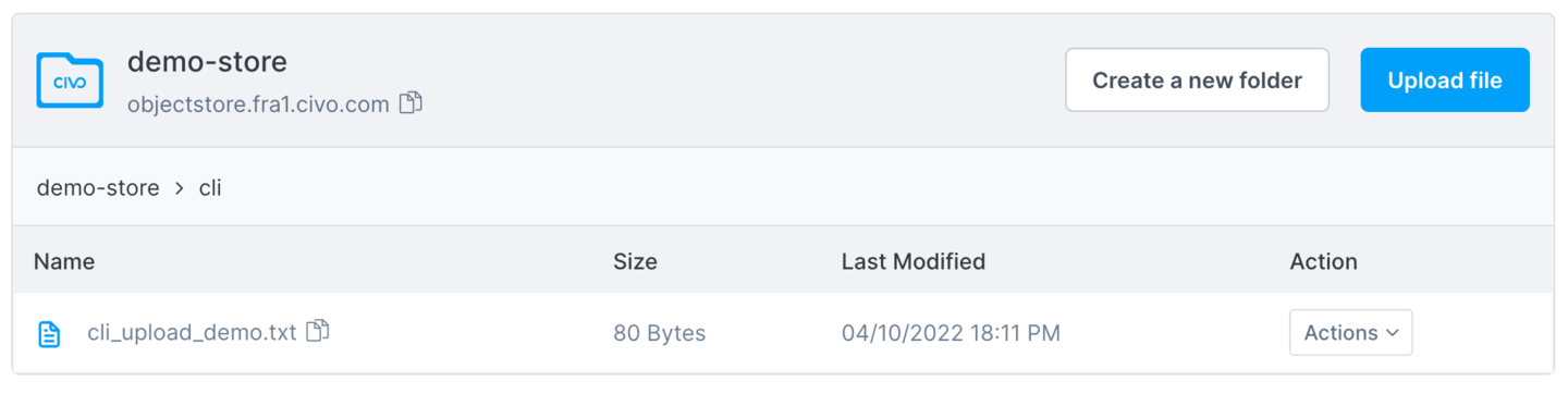 Uploaded cli_upload_demo.txt file in the cli/ folder on an object store