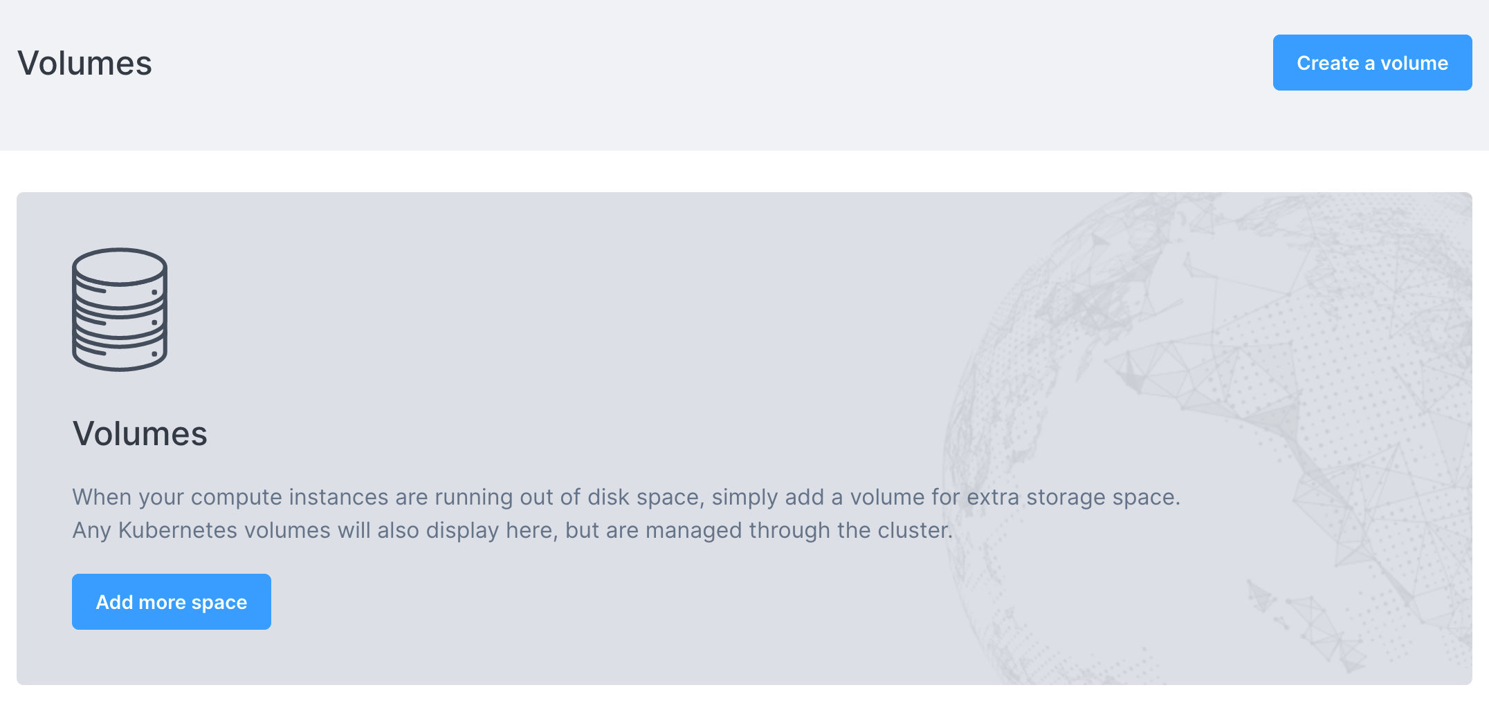 Dashboard page showing volume creation options