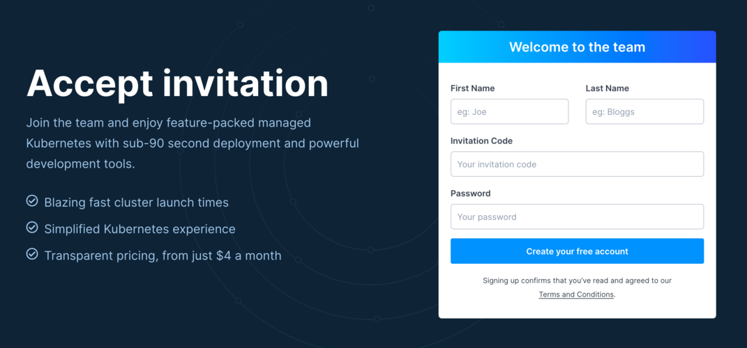 Signup screen for an invited user