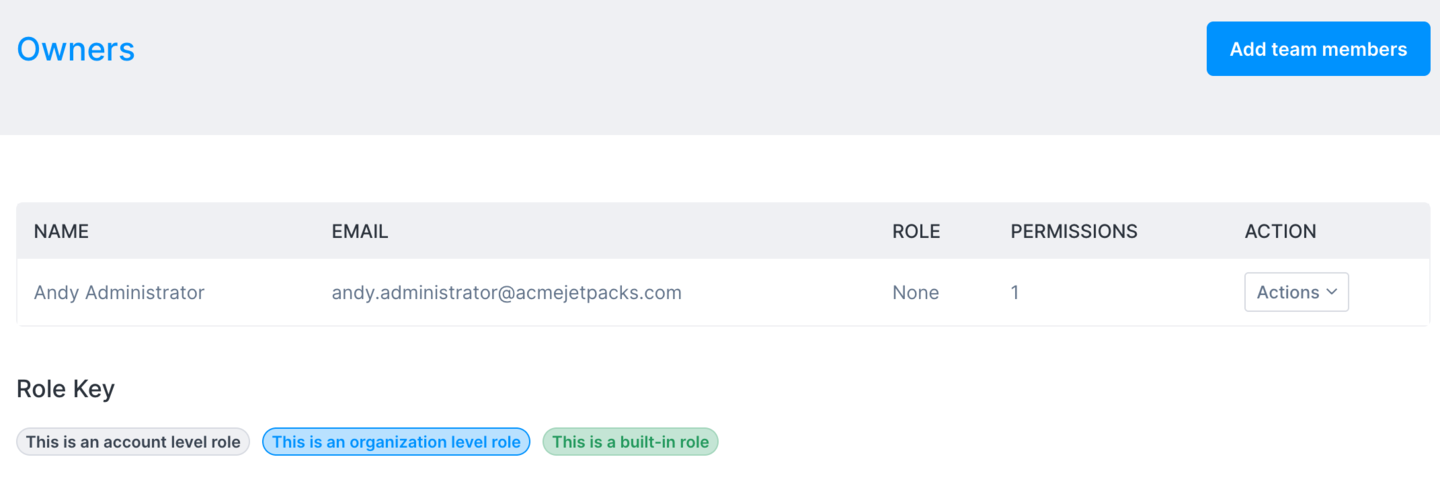 Viewing the "owners" team with current members and an option to add more