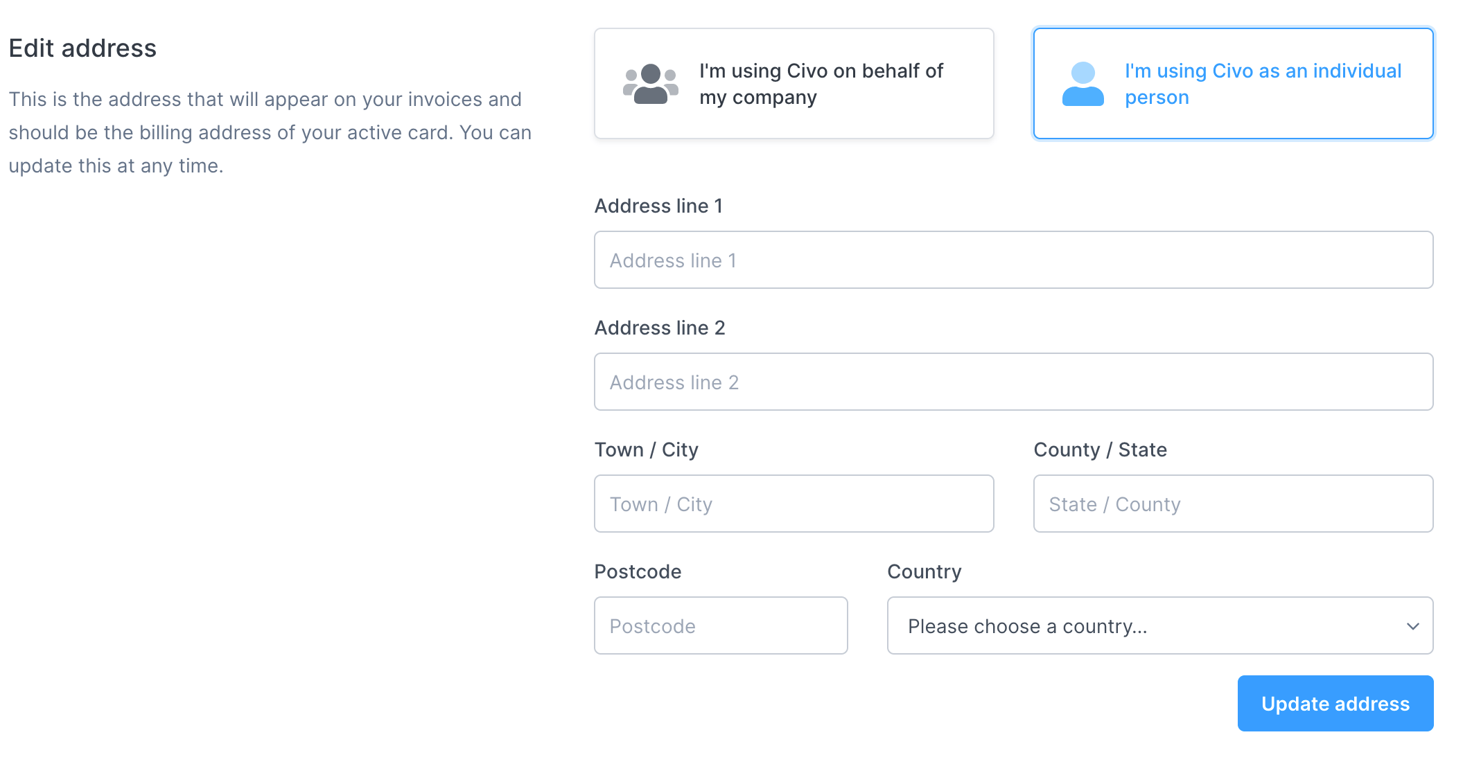 Billing address entry screen