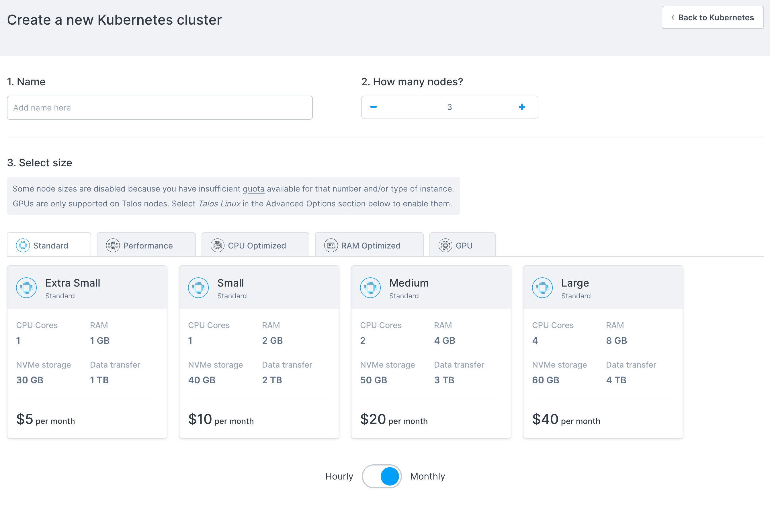 Overview of the cluster creation page on Civo