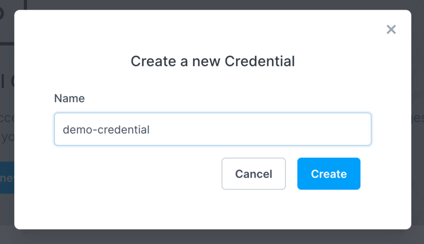 Credential creation dialog with &quot;demo-credential&quot; given as a name