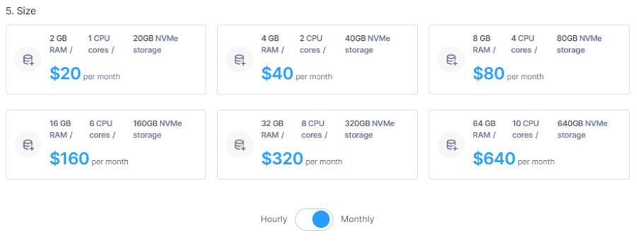 Database sizing options screen