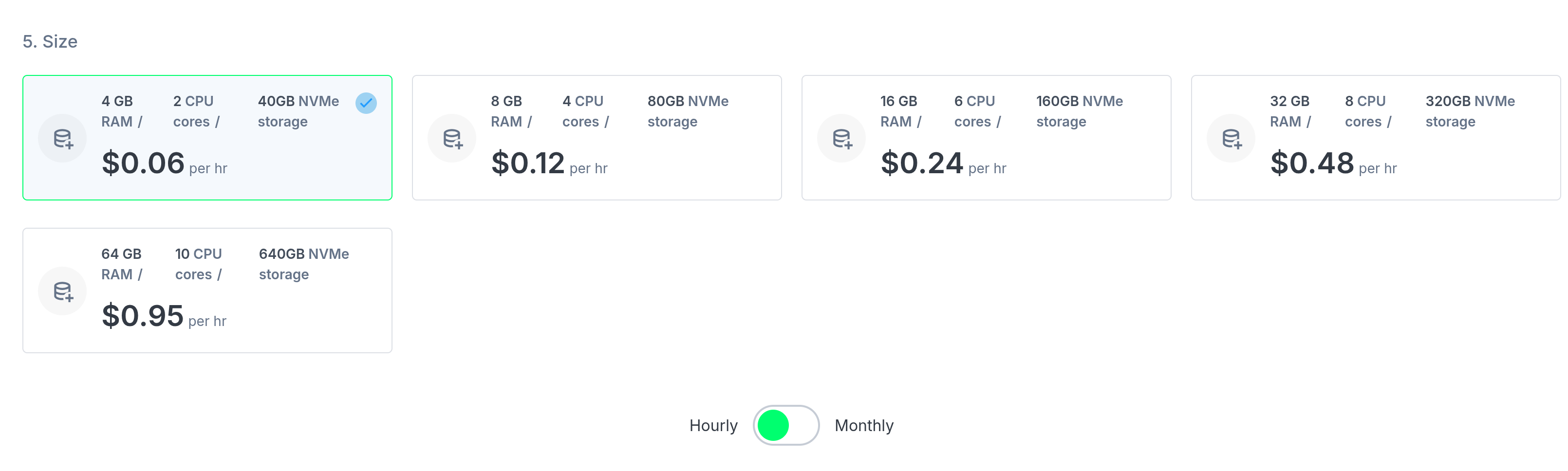 Database sizing options screen
