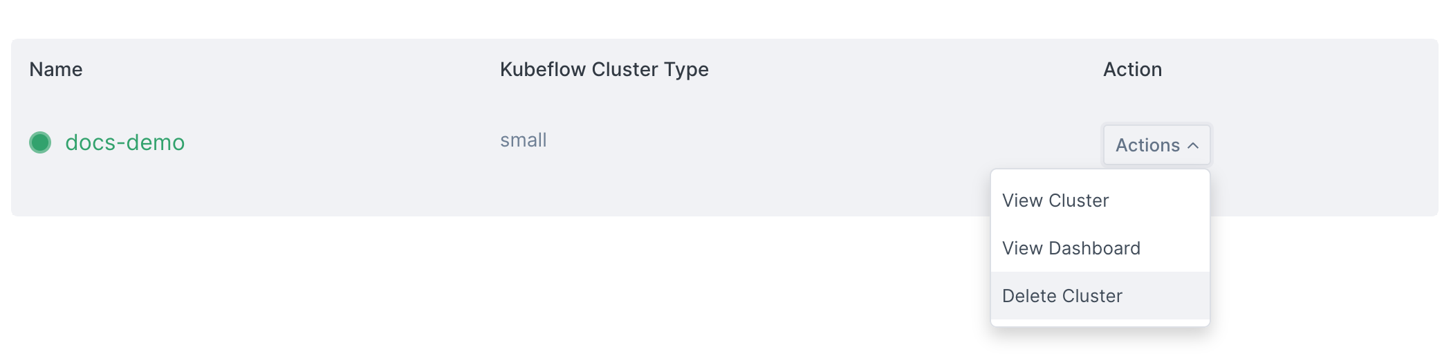 Delete a cluster from the listing on the dashboard