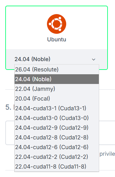 Selecting a CUDA disk image from the Ubuntu version drop-down in the Civo Dashboard