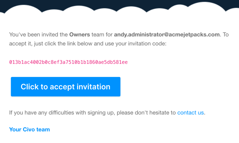 Civo team invitation email screenshot showing a button to accept the invitation