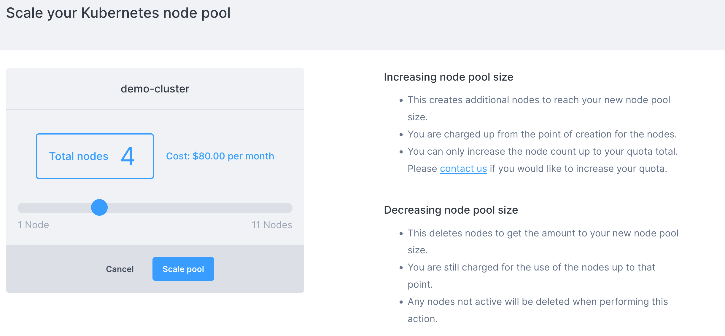 Node pool scale slider page