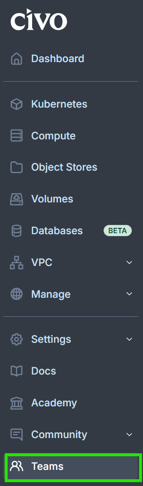 Teams menu in the Civo sidebar