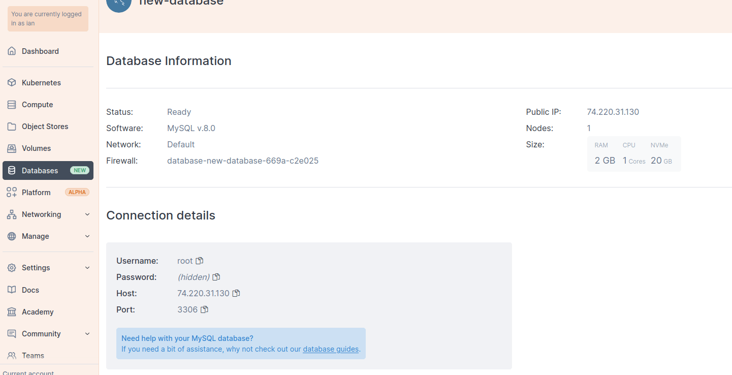 Select your database to view the connection details